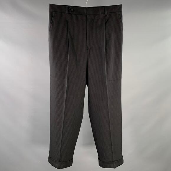 DOLCE & GABBANA 32 Black Navy Grey Wool Blend Stripe Cuffed Pleated Dress Pants - Picture 1 of 7
